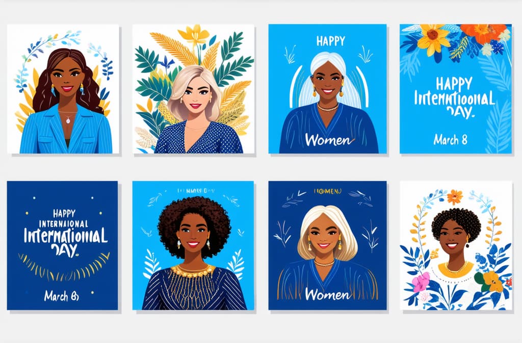  happy international women's day. march 8th. different races and nationalities. colored hand drawn vector illustrations. set of cards and seamless pattern ar 3:2 {prompt}, maximum details