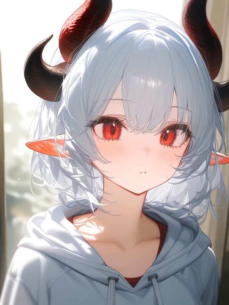  there are horns, girls, sharp ears, hinge, short hair, white hair, dragon's daughter, black horns, red eyes, hood, alone, wearing white hoodies, masterpiece, best quality,8k,ultra detailed,high resolution,an extremely delicate and beautiful,hyper detail