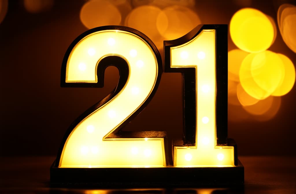  number 21 with golden bokeh lights, festive birthday celebration ar 3:2 {prompt}, maximum details