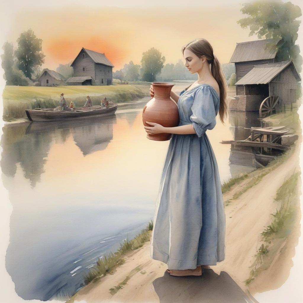  the sketch is unfinished. (a pencil sketch with thin lines: 1.3). a woman in a long russian dress carries a large clay jug on her shoulder against the backdrop of a water mill. evening. sunset. .contours. pencil strokes. (the effect of unfinishedness: 1.3). minimalism. harmony of simplicity. in the manner of pyotr sokolov's watercolor portraits.