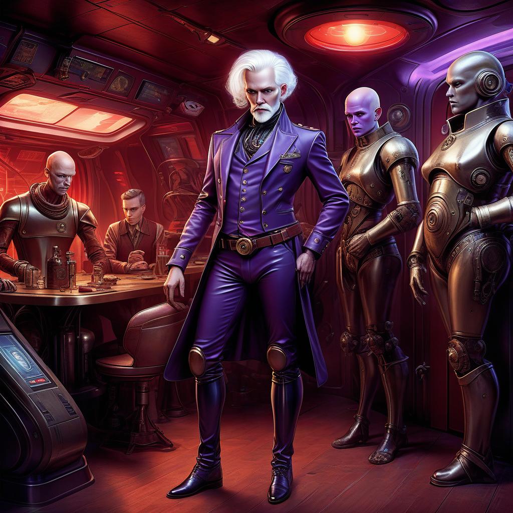  nautical themed a group of space truckers, a young alien, 20 year, purple skin, large size elastic , elegant thin waist, long slender legs, white hair. man, 40 year, small, fat, bald, black. next to the droid and minotaur. full length image, steampunk, dieselpunk, paropunk, standing in a tavern, against a background of red light. . sea, ocean, ships, maritime, beach, marine life, highly detailed