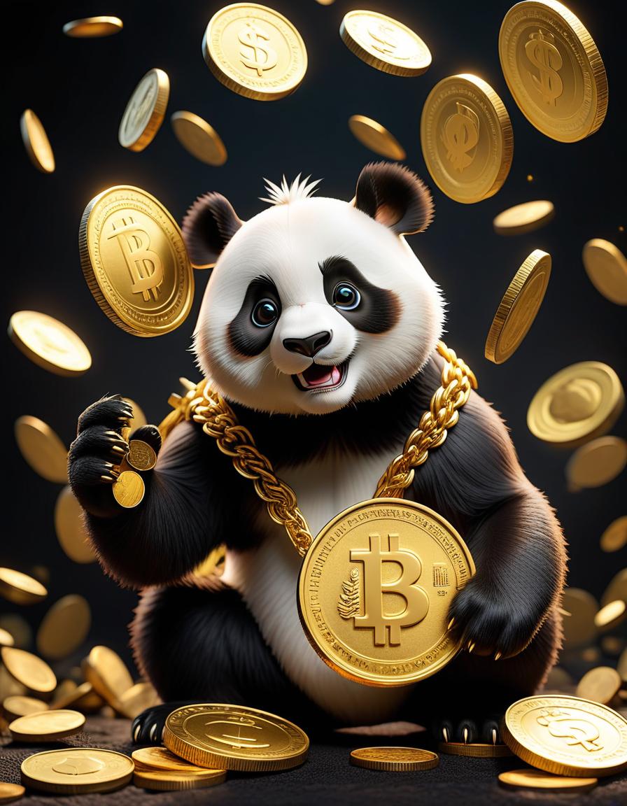  create a picture of the dollar rate rising and falling in gold color in the center a cartoon panda with a mohawk with a coin in his hand on a black background hyperrealistic, full body, detailed clothing, highly detailed, cinematic lighting, stunningly beautiful, intricate, sharp focus, f/1. 8, 85mm, (centered image composition), (professionally color graded), ((bright soft diffused light)), volumetric fog, trending on instagram, trending on tumblr, HDR 4K, 8K