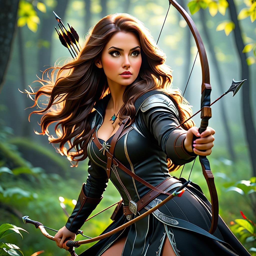   with long wavey brown hair fights a witch with a bow and arrow hyperrealistic, full body, detailed clothing, highly detailed, cinematic lighting, stunningly beautiful, intricate, sharp focus, f/1. 8, 85mm, (centered image composition), (professionally color graded), ((bright soft diffused light)), volumetric fog, trending on instagram, trending on tumblr, HDR 4K, 8K