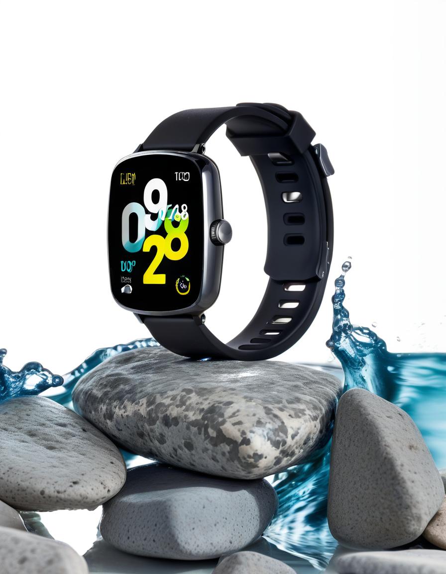  smart watch on stone, around water splash, light background, film photography style