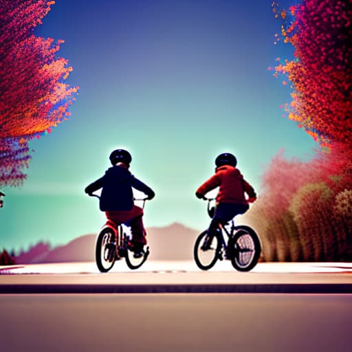 wa-vy style Back footage of a boy with bicycle with his younger brother on back sit hyperrealistic, full body, detailed clothing, highly detailed, cinematic lighting, stunningly beautiful, intricate, sharp focus, f/1. 8, 85mm, (centered image composition), (professionally color graded), ((bright soft diffused light)), volumetric fog, trending on instagram, trending on tumblr, HDR 4K, 8K