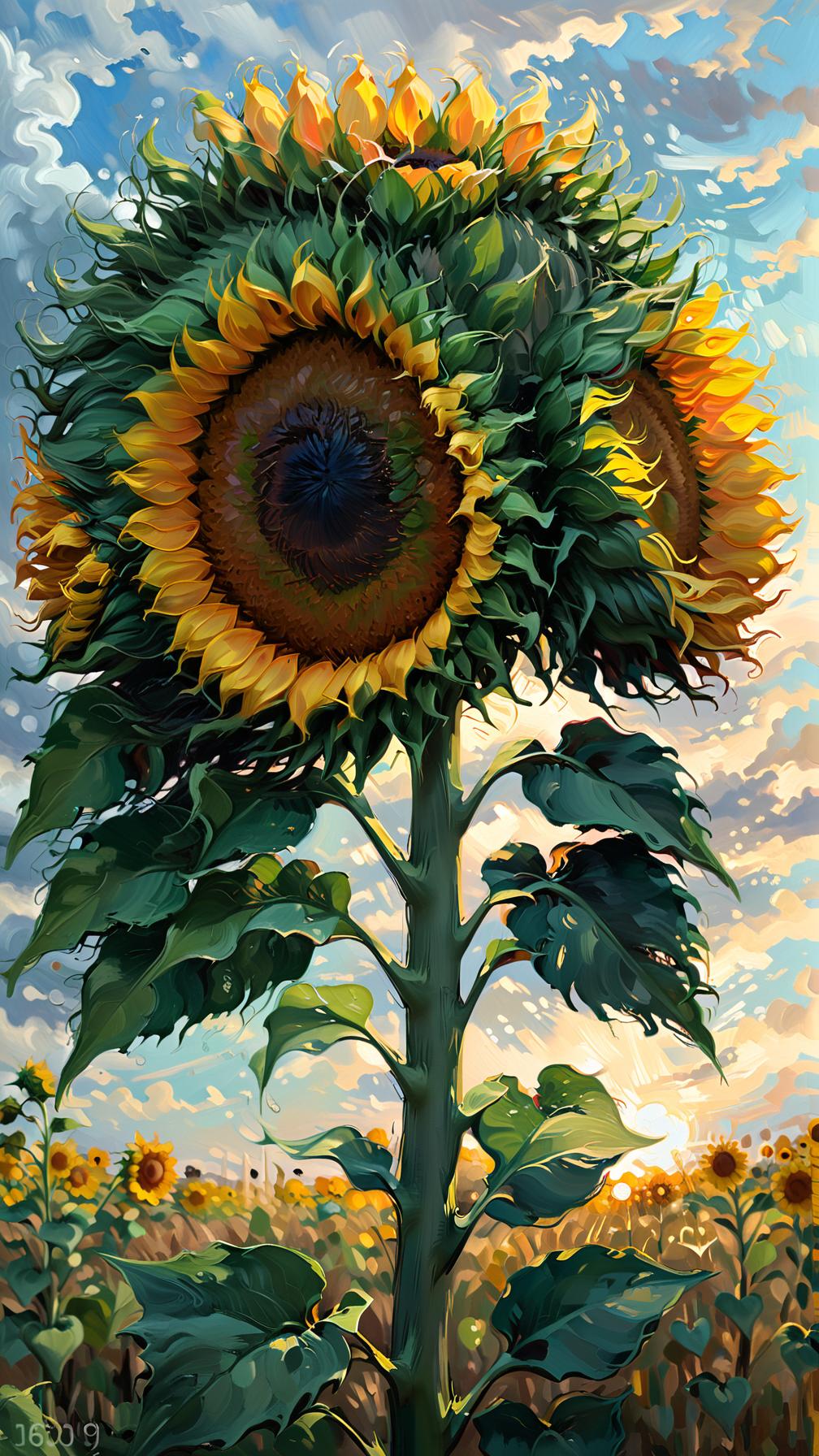  sunflower field, vibrant colors, swirling brush strokes, post impressionism, dutch artist, nature, flowers, dramatic sky, rural landscape, expressive style, art station inspirations, close up shot, energetic brushwork, highly detailed, sunlit petals, textured surface, van gogh, medium shot, warm color palette, impasto technique, award winning, professional, highly detailed, masterpiece