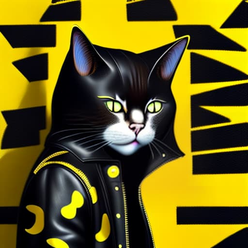 estilovintedois A cat wearing a leather jacket and a black jacket with a yellow tail