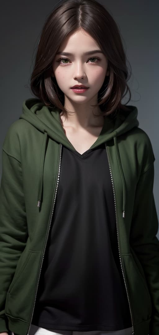  Best quality, masterpiece, ultra high res, (photorealistic:1.4), raw photo, (detail face:1.3), (realistic skin), deep shadow, dramatic lighting, stylish, green hoodie, sharp teeth, brown hair, green eyes, male, anime style, deep shadow, dramatic lighting, portrait, portrait size, unedited, symmetrical balance