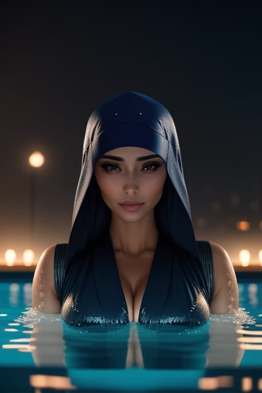  Arab,,(2 old:1.1), (slim body:1.2), huge s, large , blue eyes, black hair, elegant, approachable style, (swimming in a pool:1.3), (wearing comfy pyjamas, sitting :1.2), at the beach, wearing a baseball cap outdoors, close up view, long dress, extrovert, singing, traveling, dancing, realistic hyperrealistic, full body, detailed clothing, highly detailed, cinematic lighting, stunningly beautiful, intricate, sharp focus, f/1. 8, 85mm, (centered image composition), (professionally color graded), ((bright soft diffused light)), volumetric fog, trending on instagram, trending on tumblr, HDR 4K, 8K