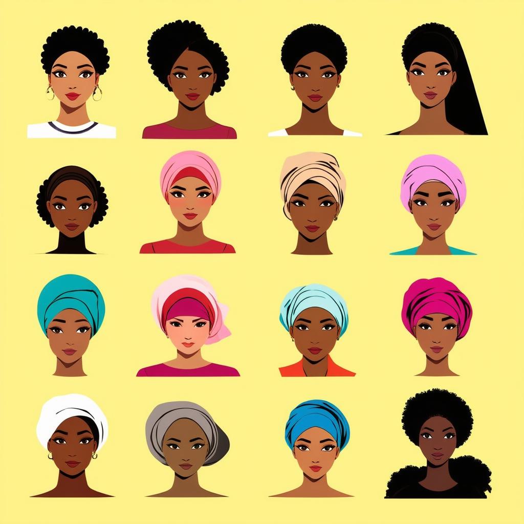  flat illustration, flaticon, (illustration:1.15), different beauty. set of different female heads in headscarf. different races and nationalities. colored hand drawn illustration, [cory loftis, strobist, pascal campion :: 0.2]