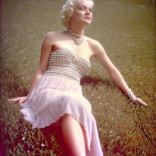  A beautiful blonde woman, very detailed, photorealistic, wearing a chiffon dress, wearing a single strand of pearls, 8K, UD, 200mm Hasselblad, Kodachrome, high heels, stockings