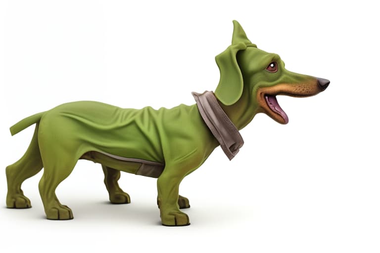  green dachshund with shrek ears, office core, location swamp, realistic, conventional, literal, realistic, conventional, literal