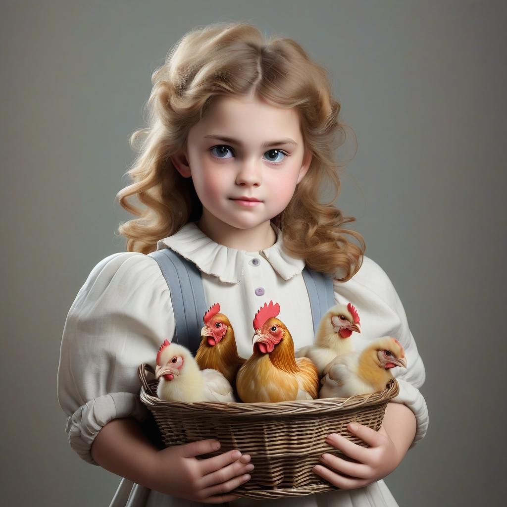  puffy girl holding a basket of chickens