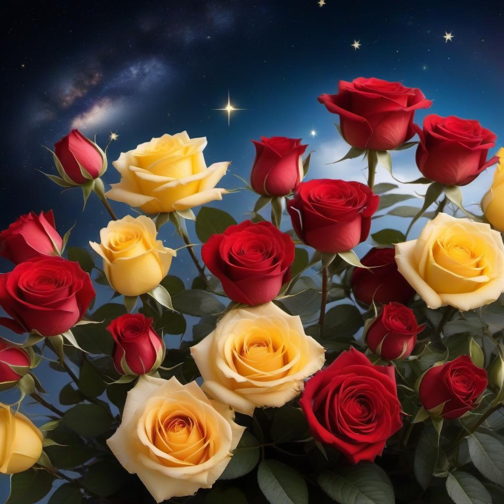  A bouquet of gorgeous red and yellow roses 11 pieces. above them are bright stars, the sky, Stars, comets, the Milky Way, astrology, Beauty.