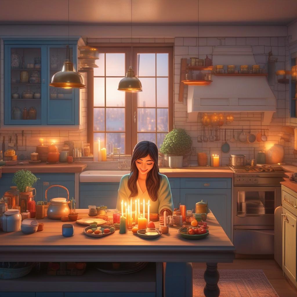  smiling kawaii girl making candles and cute figure shape candles in kitchen, wax warming pot is on table, colorful stuff in background, atmosphere is cozy, warm and inviting, illustration, ((anime)) hyperrealistic, full body, detailed clothing, highly detailed, cinematic lighting, stunningly beautiful, intricate, sharp focus, f/1. 8, 85mm, (centered image composition), (professionally color graded), ((bright soft diffused light)), volumetric fog, trending on instagram, trending on tumblr, HDR 4K, 8K