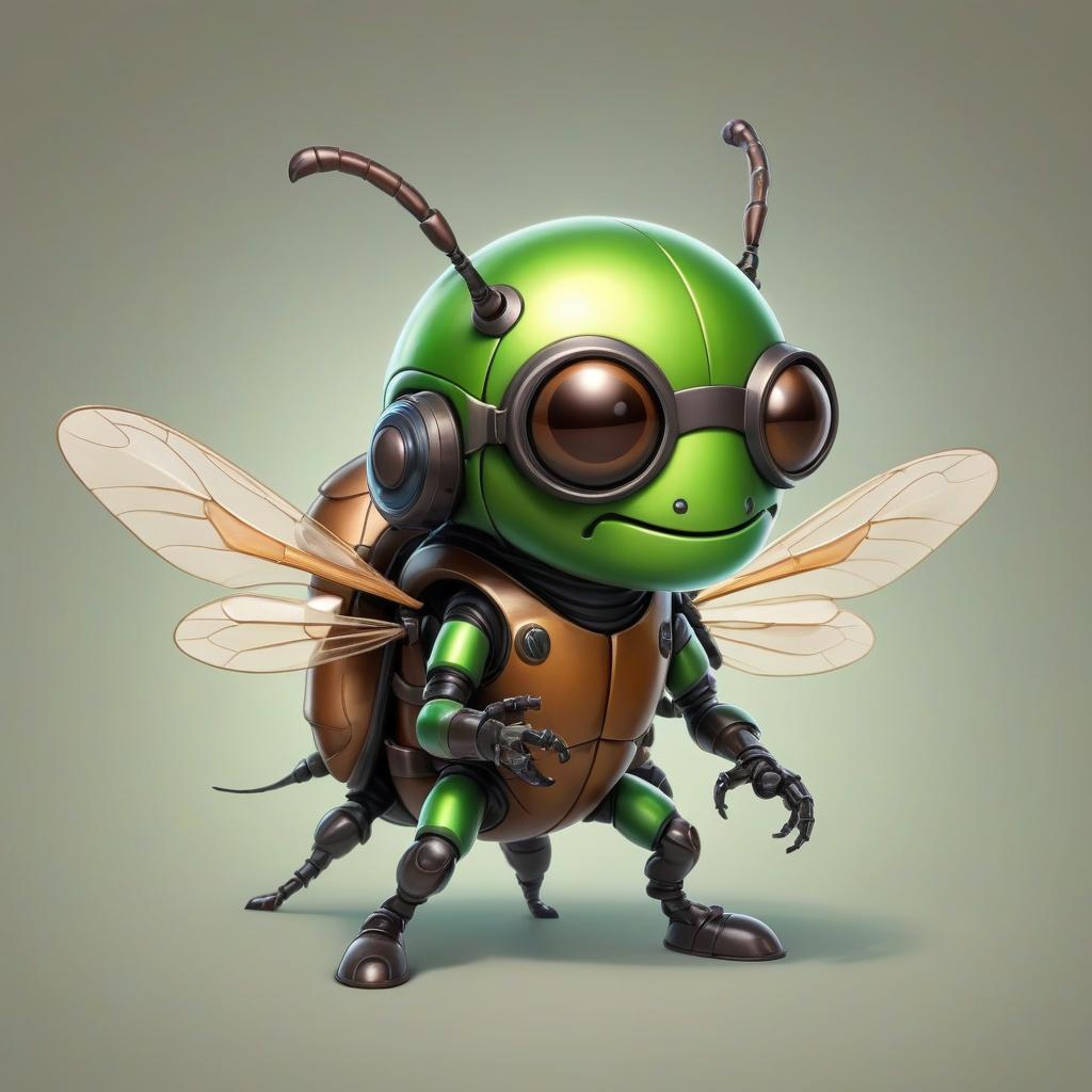  cute cartoon insect beetle character with a green body, big expressive eyes and a smile on his lips. on his head he has a huge brown helmet with goggles, giving him an adventurous look. the insect beetle stands confidently holding a blaster, he has graceful wings and long tendrils. the background is simple and bright inside the starship to emphasize the charm of the funny character with the weapon.