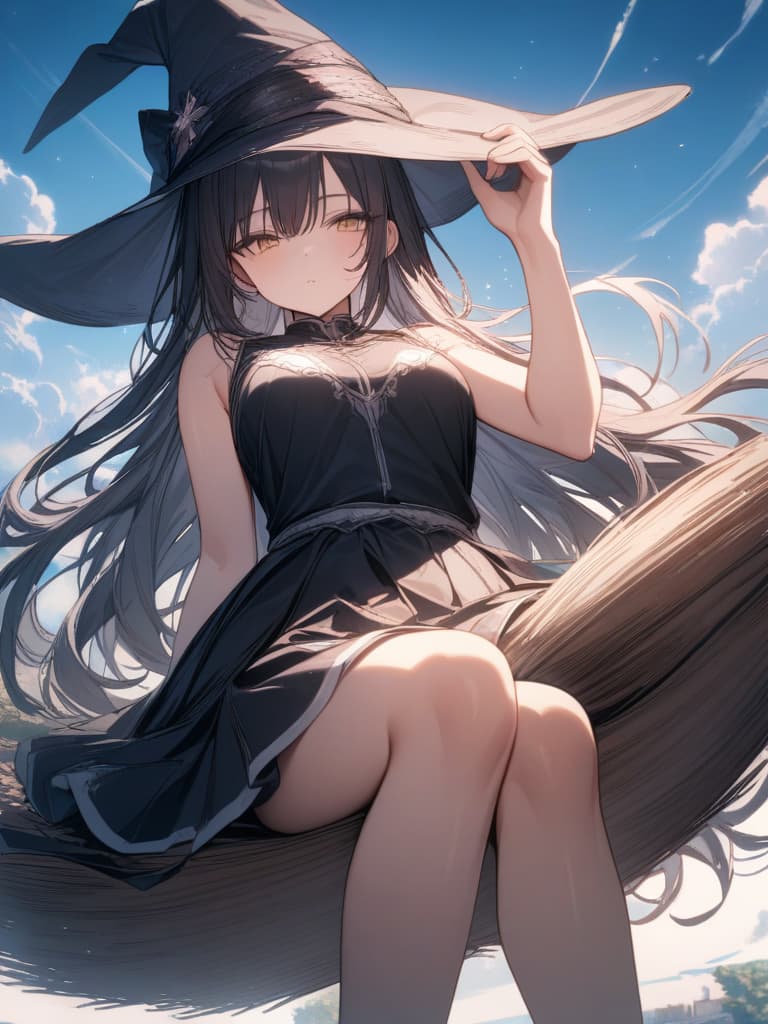  witch, girl, broom sideways sitting on it, hair fluttering, flying in the sky, riding on a broom, holding down the hat, holding down the witch's hat by hand, masterpiece, best quality,8k,ultra detailed,high resolution,an extremely delicate and beautiful,hyper detail