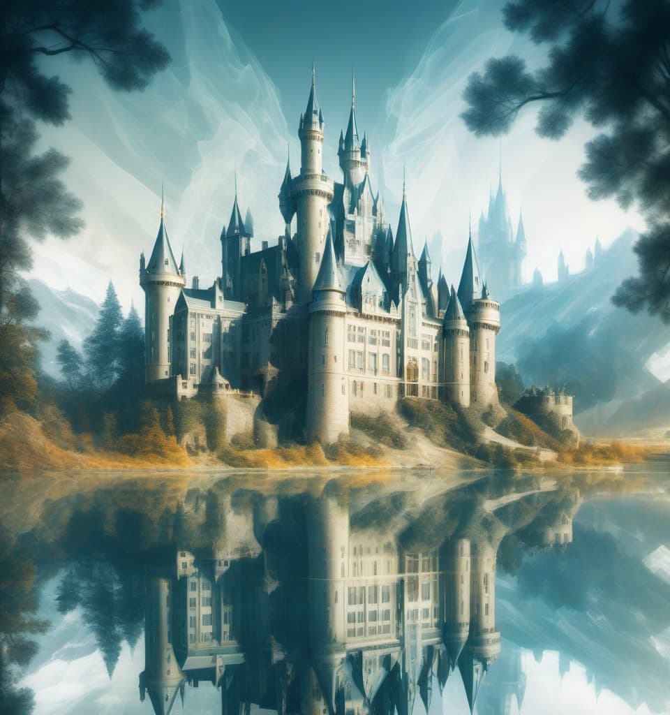  line art drawing (digital image, double exposure:1.5). realistic oil painting depicting (glass transparent castle:1.4) on the banks of a serene river, inspired by the landscapes of thomas moran, bright colors, intricate details, reflections in the water, a distant perspective that conveys the grandeur of the castle and its surroundings. . professional, sleek, modern, minimalist, graphic, line art, vector graphics, hkmagic