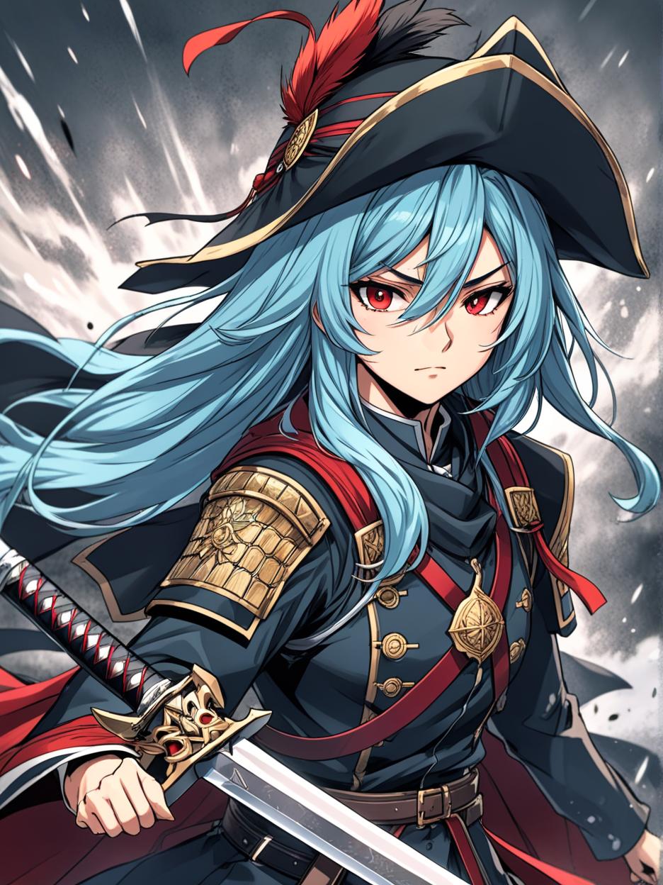  manga artwork woman version of oda nobunaga from fate. her outfit that looks like a military uniform is something she prepared as a hobby when she was drafted as a servant. with a black military hat with red details. gold details on his military outfit, red uniform. she has light blue eyes, silver and cyan blue hair, very long. menacing sword, larger and sharper sword. menacing expression, hunter's eyes. details, 8k.. manga artist. manga, highly emotional. best quality, high resolution