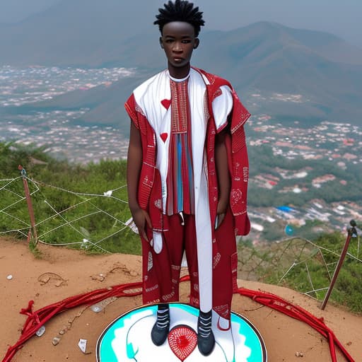  A Ghanaian boy standing beside a clean decorated human heart on top of a mountain