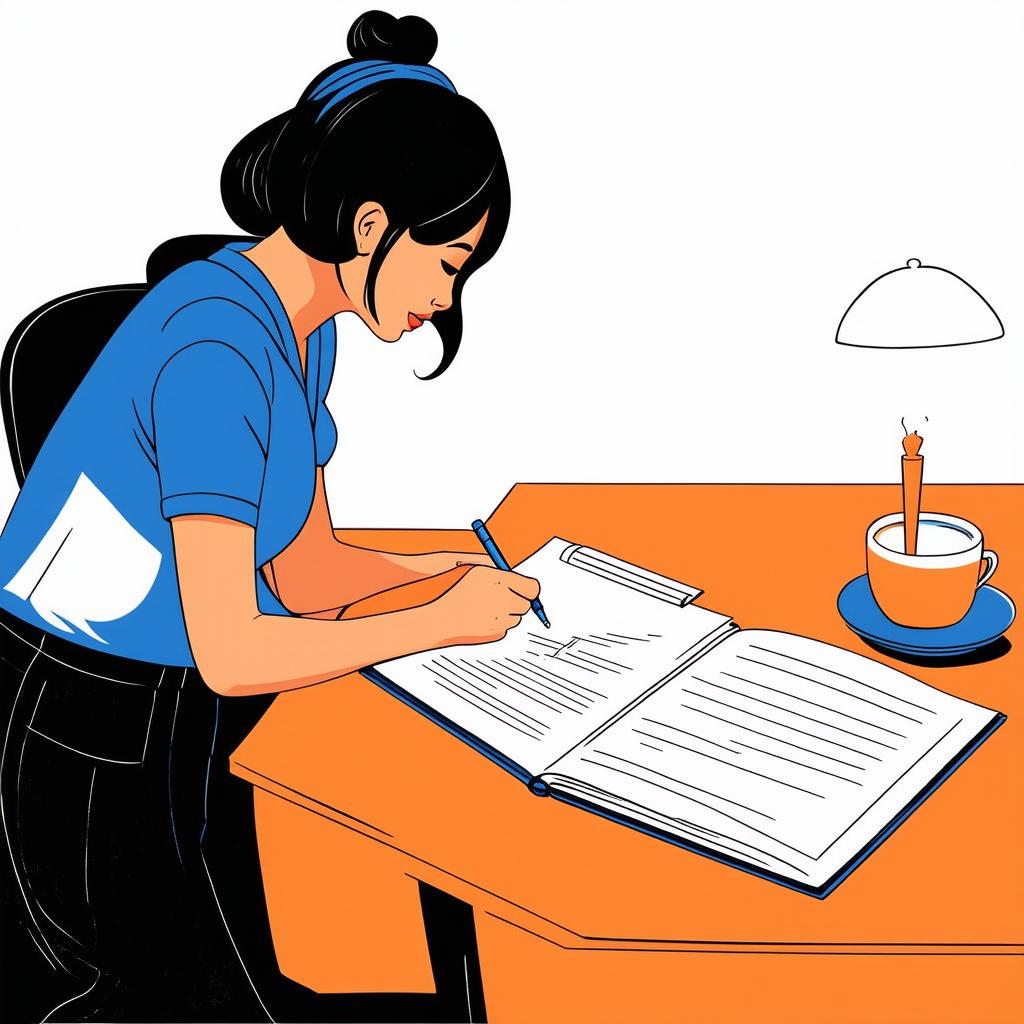  flat illustration, flaticon, (illustration:1.15), a woman taking notes on paper while drawing continuously in one line, a modern illustration in line art, [cory loftis, strobist, pascal campion :: 0.2]