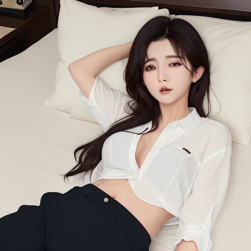  a 28 age weared shirt and pant. must her shirt ons opened and her opened and she lying on the pillows