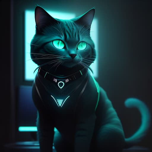  Funny cat with a gamer theme in turquoise tones hyperrealistic, full body, detailed clothing, highly detailed, cinematic lighting, stunningly beautiful, intricate, sharp focus, f/1. 8, 85mm, (centered image composition), (professionally color graded), ((bright soft diffused light)), volumetric fog, trending on instagram, trending on tumblr, HDR 4K, 8K