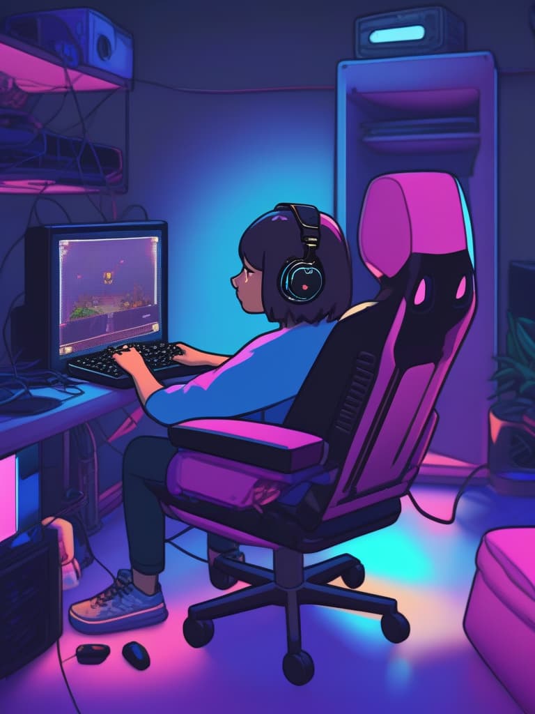  ((girl playing game)){(holding controller🎮 in hand:1.4),tv screen in front,girl absorbed in game (black hair & bobbed hair:1.4)(wearing headphones)(gaming chair:1.5) neon color}super detailed,high resolution,absurd,adopted,