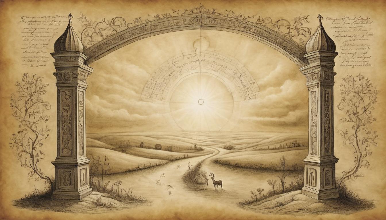  on parchment, surrealism++, illuminated divine gate, standing open, leading to ethereal field, promising, rewarding(mysterious, provocative, symbolic)++