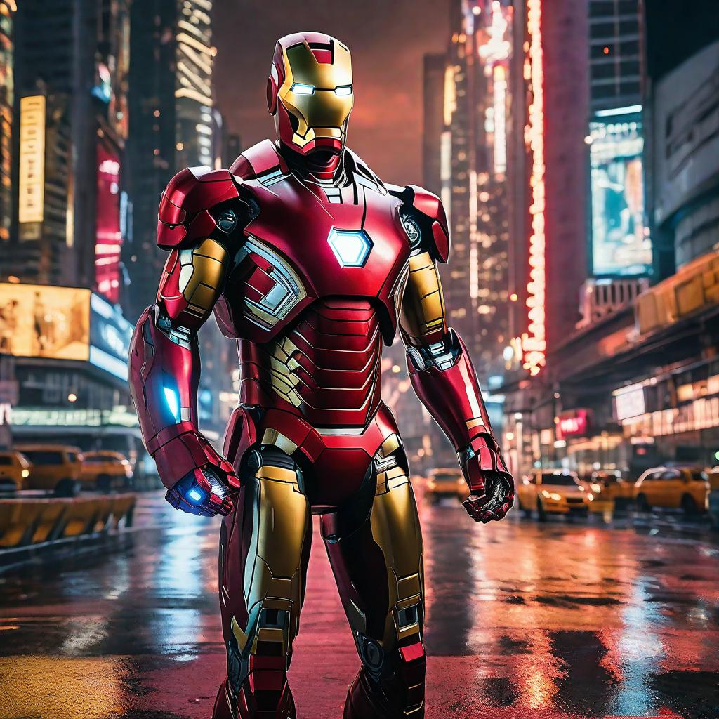  masterpiece, best quality, masterpiece, 8k resolution, realistic, highly detailed, Iron Man close-up. He stands on a street lined with tall buildings in a cyberpunk style city at night. The city's night lights are bright, and the surrounding buildings and streets are full of cyberpunk elements such as neon lights, high-tech equipment and futuristic architectural design.