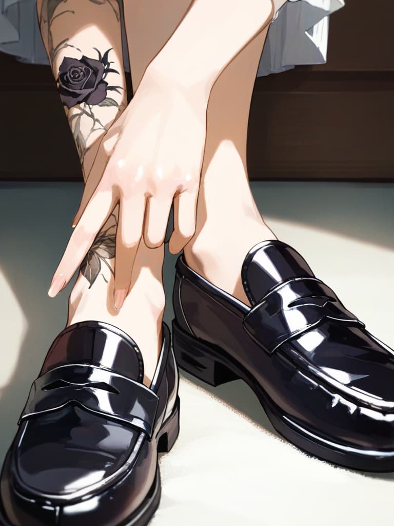  s wearing black loafers, s with blonde bob cut, white pleated s, white pleated s, s wearing spider nests on the left arm, s who smoke cigarettes, purple on the left . a with a rose tattoo, masterpiece, best quality,8k,ultra detailed,high resolution,an extremely delicate and beautiful,hyper detail