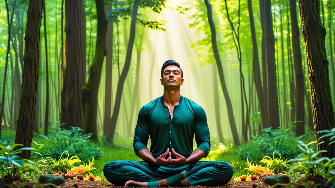  a serene landscape featuring a person meditating in a lush green forest, surrounded by symbols of nutrition, exercise, mindfulness, nature, relationships, spirituality, and self care, all harmoniously integrated into the tranquil scene. hyperrealistic, full body, detailed clothing, highly detailed, cinematic lighting, stunningly beautiful, intricate, sharp focus, f/1. 8, 85mm, (centered image composition), (professionally color graded), ((bright soft diffused light)), volumetric fog, trending on instagram, trending on tumblr, HDR 4K, 8K