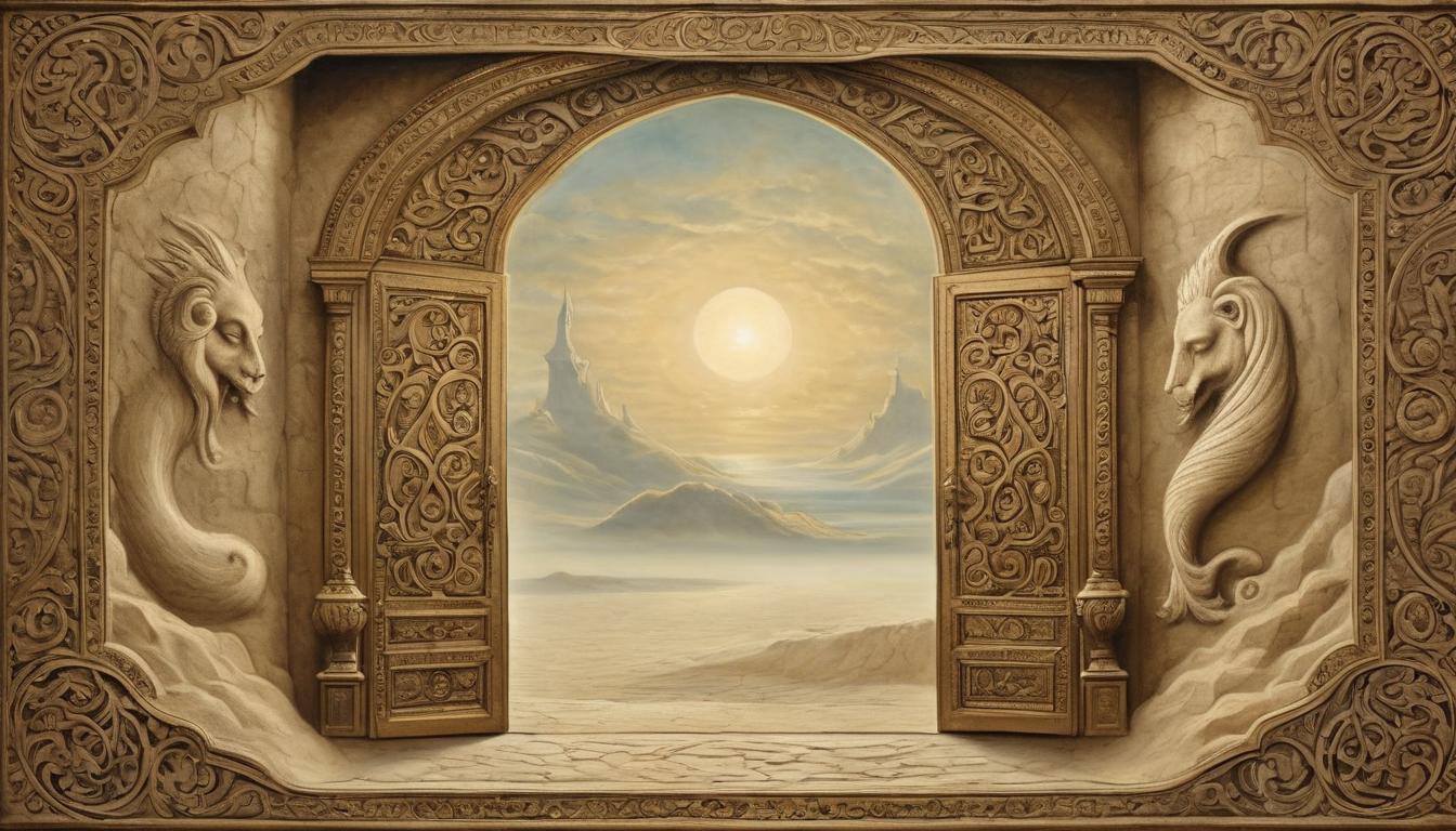  on parchment, surrealism++, mystic doorway, elaborate carvings, glowing threshold, beautiful ornate frame, confidence, welcoming, ethereal(mysterious, provocative, symbolic)++