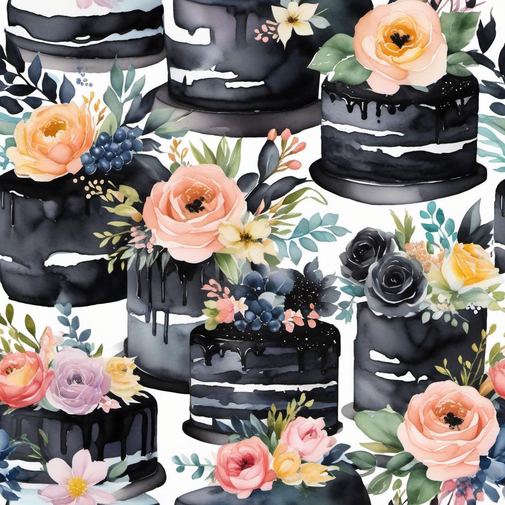  three tier modern black wedding cakes , watercolor style