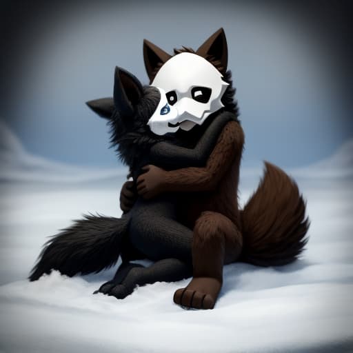  Puro, SCP-1471, Duo, Hug, Sitting on other, Snowy Fur, Fluffy, Puro with brown fur, fluffy tails, snow eviroment, fluffy body, big tails, open eyes, masterpiece, 4k, fine details,