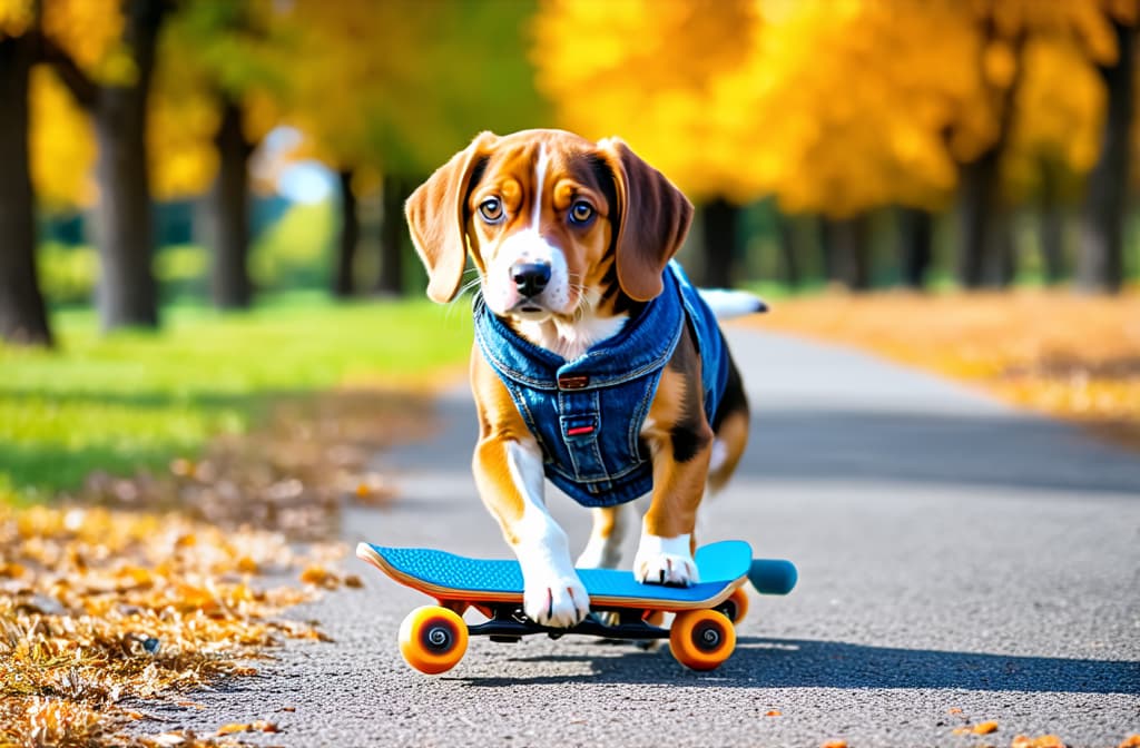  beagle puppy skateboarding on asphalt path in autumn park wearing denim vest ar 3:2 {prompt}, maximum details