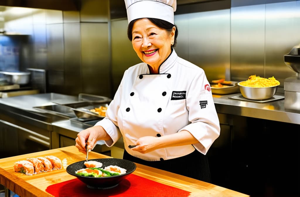  elder japanese woman with a calm smile in a white chef's hat and jacket cook in professional kitchen preparing sushi, photorealistic image, high resolution / np (deformed, distorted, disfigured:1.3), poorly drawn, bad anatomy, wrong anatomy, extra limb, missing limb, floating limbs, (mutated hands and fingers:1.4), (text, watermark:1.1), disconnected limbs, mutation, mutated, ugly, disgusting, blurry, amputation ar 3:2 {prompt}, maximum details