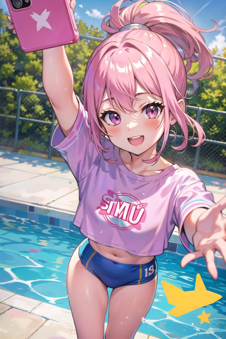  r 18, , , ,Fashionable, middle , ,random situation, pink haired ,ponytail,large eyes,capture a fun selfie moment with your smartphone in hand. Strike a pose, flash and snap a photo to remember. swimming pool,splashing water,hands reaching up,smiling face, hair