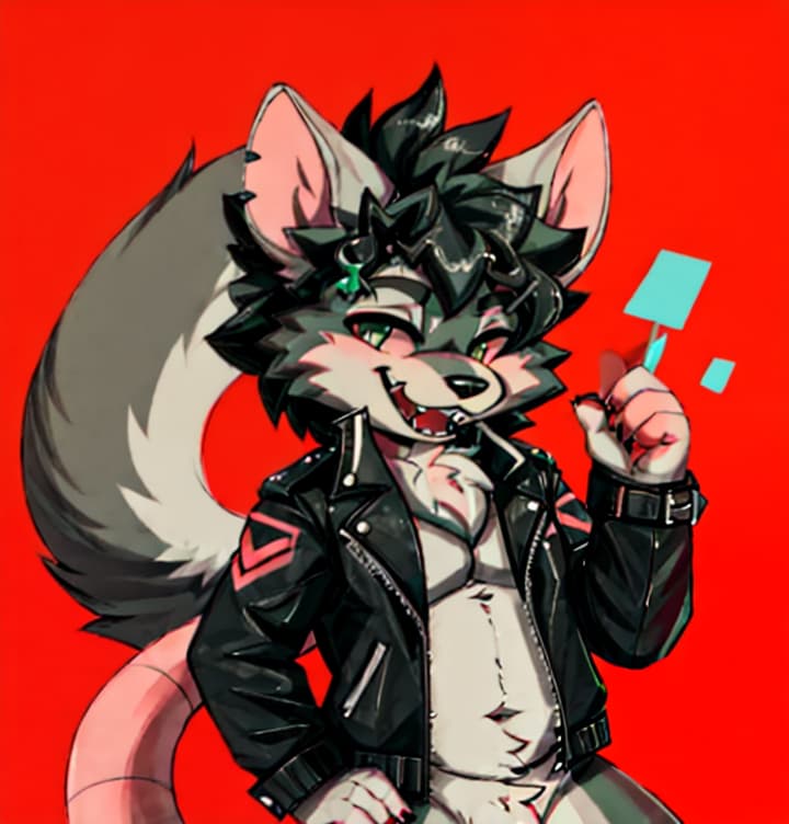  cool twink fluffy rat and wolf mix race guy fully naked with a black leather jacket on open, (anime:1.25)