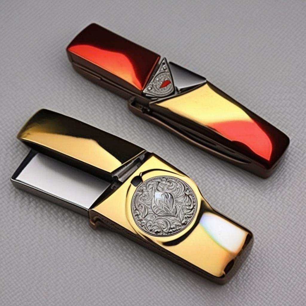  masterpiece, best quality,Draw a Zippo kerosene lighter metal shell decorated with mother-of-pearl craft and place the lighter on a table