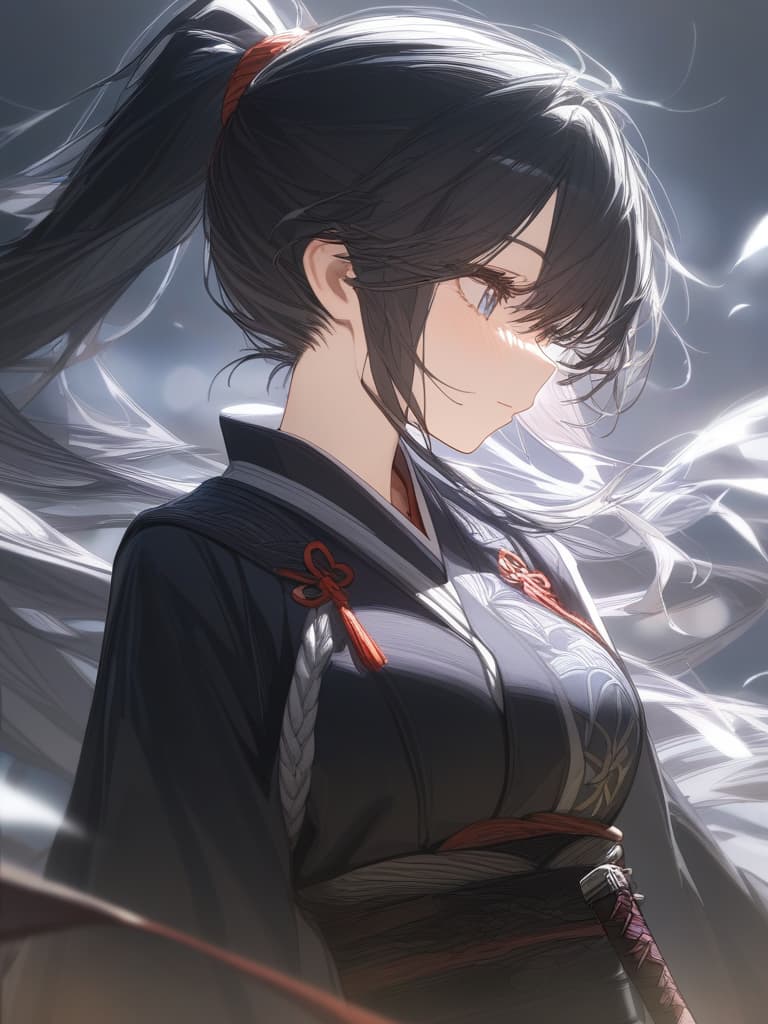  women's warlord, cool, beautiful, japanese style, wind blowing, black hair, ponytail, sword, masterpiece, best quality,8k,ultra detailed,high resolution,an extremely delicate and beautiful,hyper detail