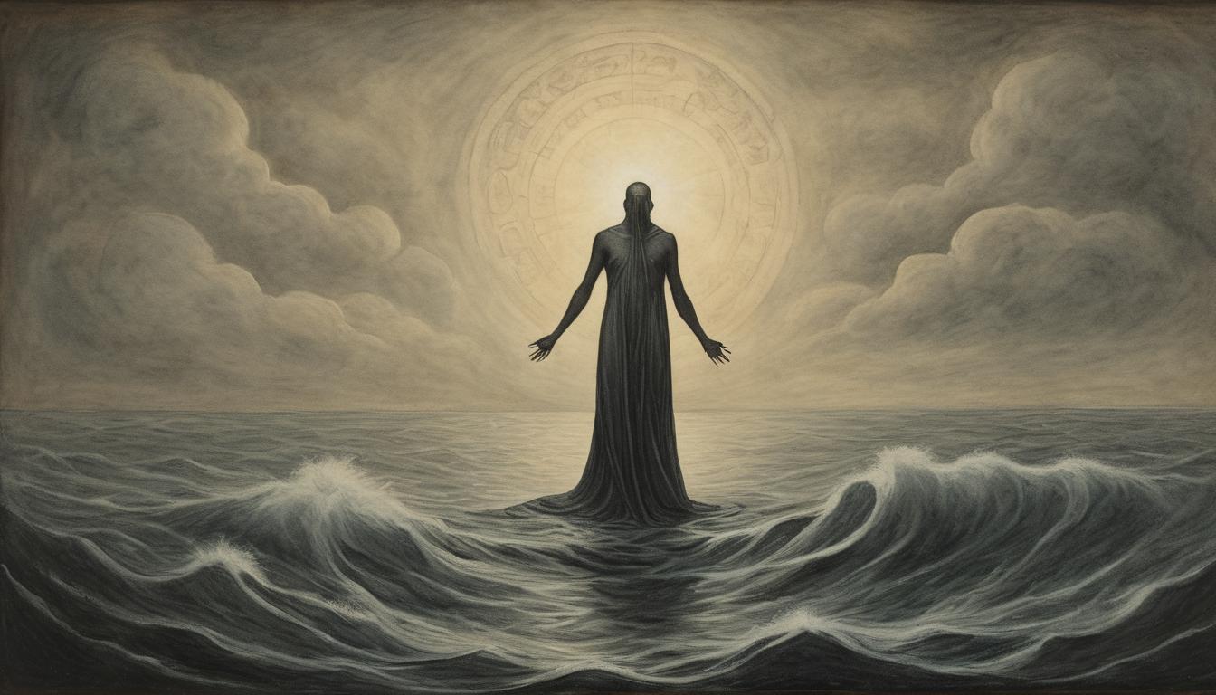  on parchment, surrealism++, a figure emerging from dark waters, glowing with an ethereal light, enigmatic, transcendental, incomprehensible to the ordinary(mysterious, provocative, symbolic)++