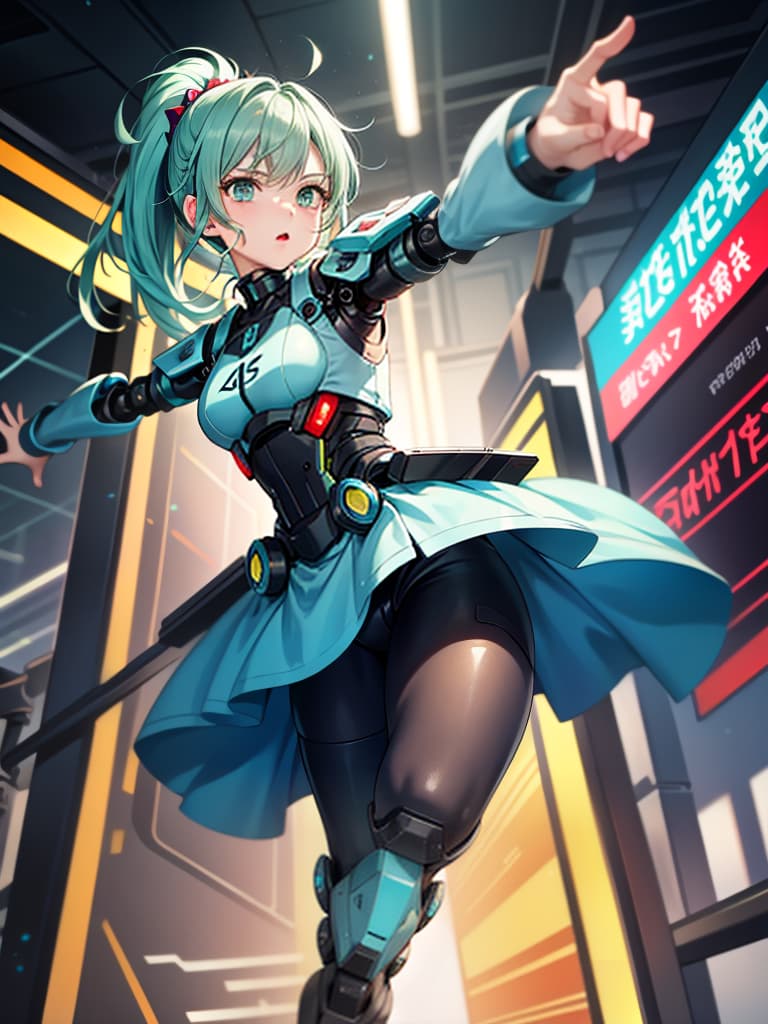  masterpiece,insanely detailed face,solo,girl,intelligence,genius,serious,cool,clear face,aqua hair,hair up,sidelocks,ring hair,humanoid,((mechanical joint)),((exoskeleton)),((mechanical legs)),green colored armor,pose,((kicking,high kick)),((incoming kick,incoming attack)),(standing on one leg),((outstretched foot,close up sole,blurr sole)), looking at viewer,((sense of movement,speed line,motion blurr,blurr fore ground)),