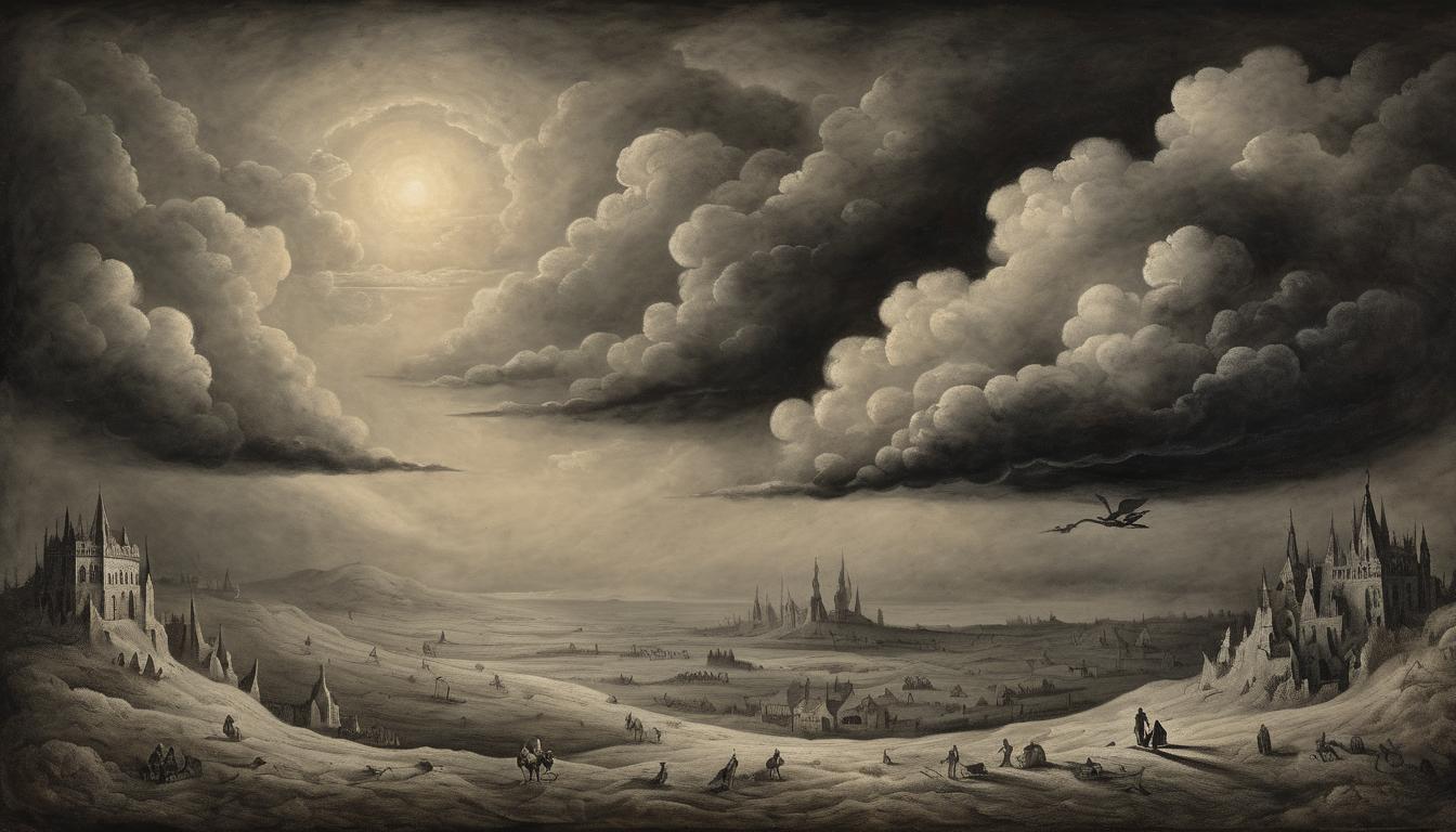  on parchment, surrealism++, dark ominous clouds, piercing beams of light, heavy atmosphere, sense of forewarning, gravity(mysterious, provocative, symbolic)++