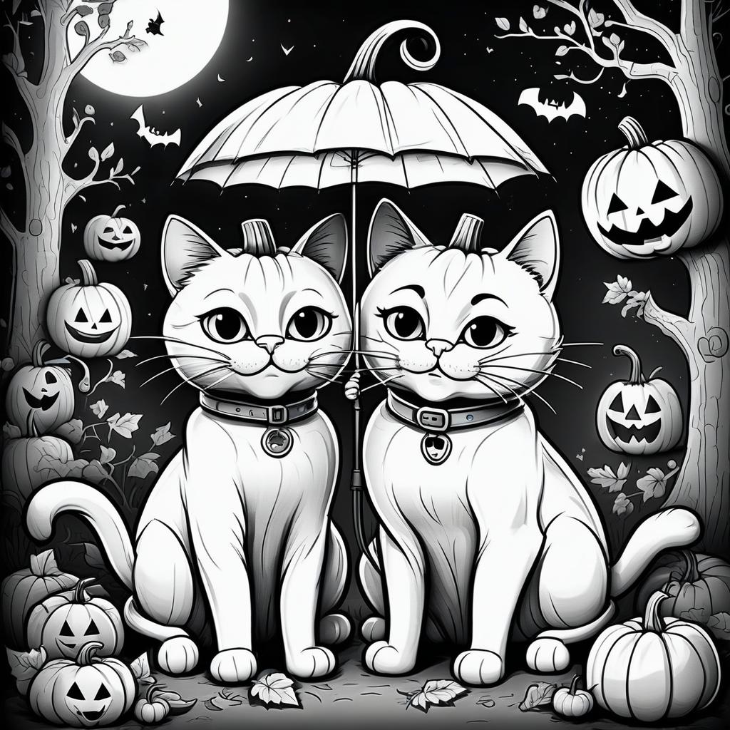  black and white coloring page in procreate style, 2d cartoon style, with the image of two funny cats, one standing, the other sitting next to them. on their heads, like helmets, are pumpkins. halloween atmosphere.