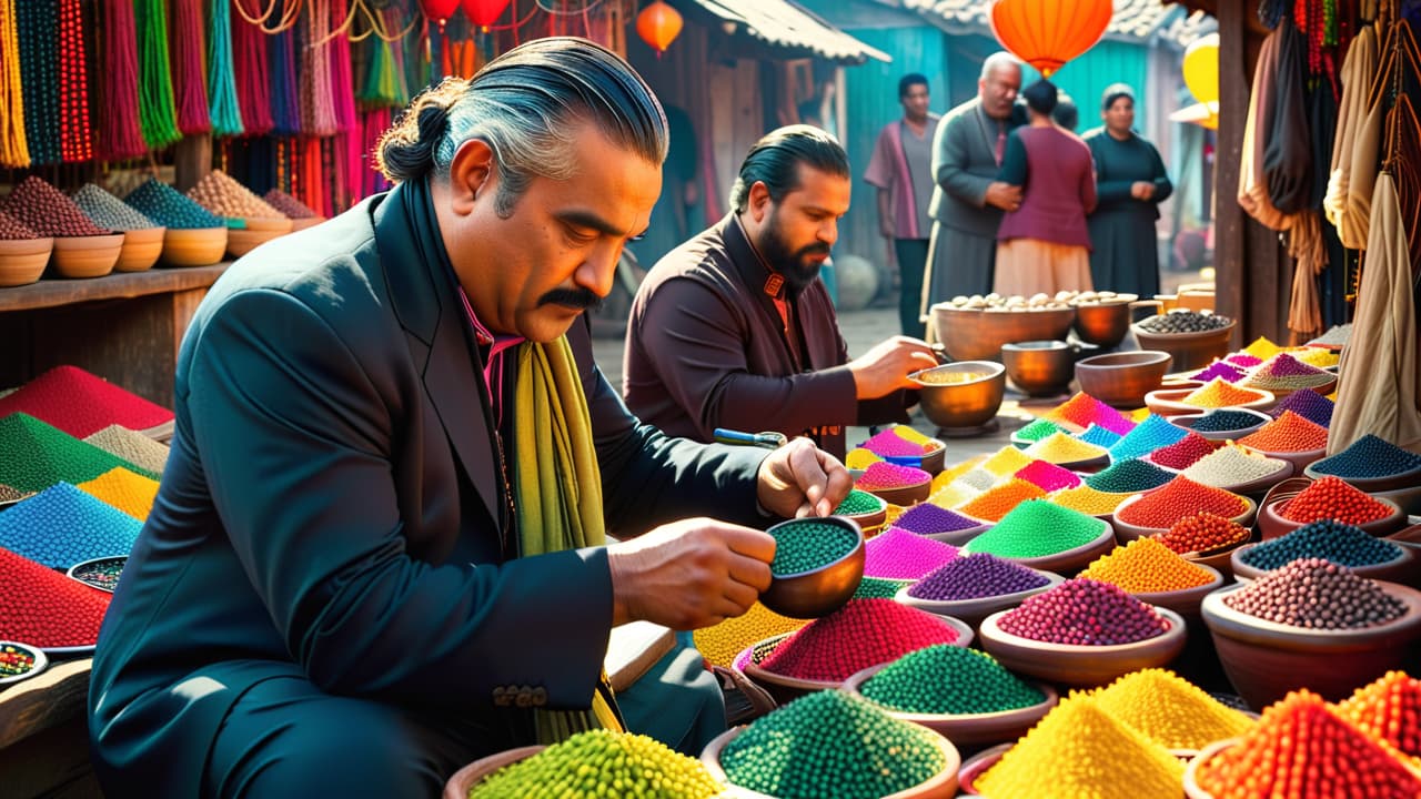  a vibrant market scene showcasing artisans from various ethnic groups, intricately designing colorful beads, surrounded by traditional tools, rich textiles, and finished beadwork, highlighting diverse cultural styles and craftsmanship. hyperrealistic, full body, detailed clothing, highly detailed, cinematic lighting, stunningly beautiful, intricate, sharp focus, f/1. 8, 85mm, (centered image composition), (professionally color graded), ((bright soft diffused light)), volumetric fog, trending on instagram, trending on tumblr, HDR 4K, 8K