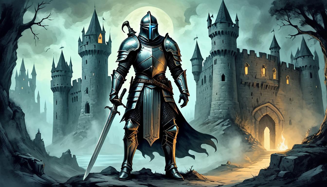  on parchment, surrealism+++, spectral knight in ancient armor, standing guard over a crumbling castle, glowing sword, aura of duty(mysterious, provocative, symbolic,muted color)+++