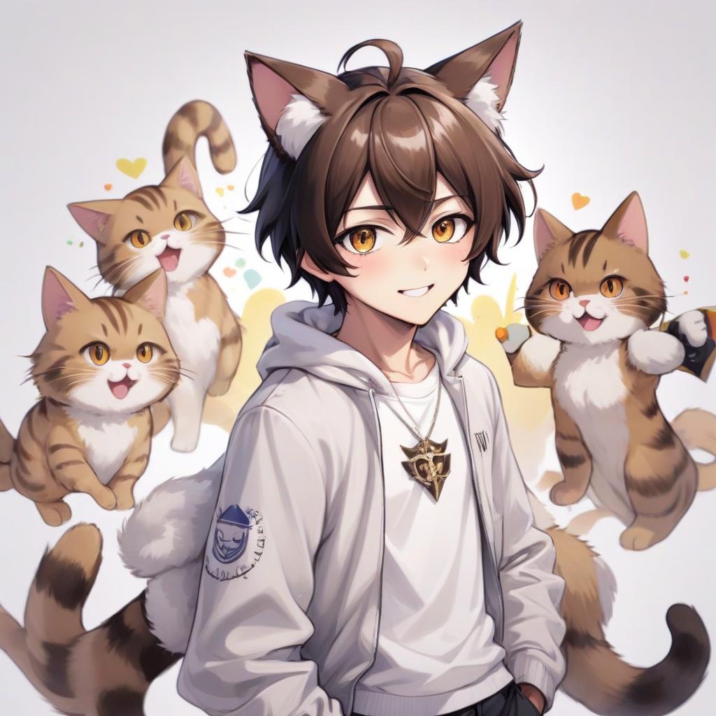  anime artwork art, anime, young men, cat ears, fluffy dark hair, brown eyes, light smile, sincere look, fashionable clothes, white background . anime style, key visual, vibrant, studio anime, highly detailed, sticker