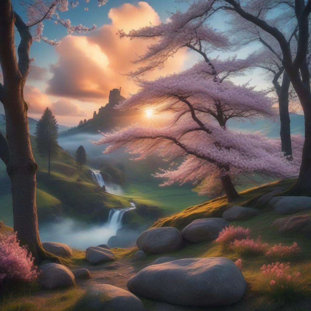  A spring evening with a beautiful sunset, beautiful whimsical clouds, a magnificent landscape hyperrealistic, full body, detailed clothing, highly detailed, cinematic lighting, stunningly beautiful, intricate, sharp focus, f/1. 8, 85mm, (centered image composition), (professionally color graded), ((bright soft diffused light)), volumetric fog, trending on instagram, trending on tumblr, HDR 4K, 8K