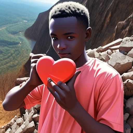  Fair Ghanaian boy holding a heart in his hands on a mountain